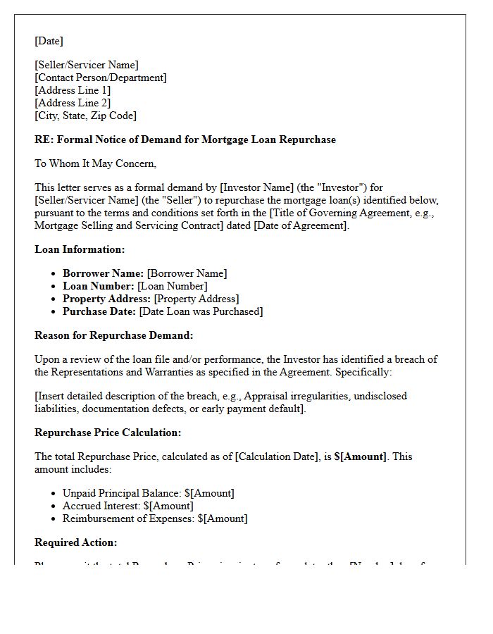 Investor Notice of Demand for Mortgage Loan Repurchase Letter