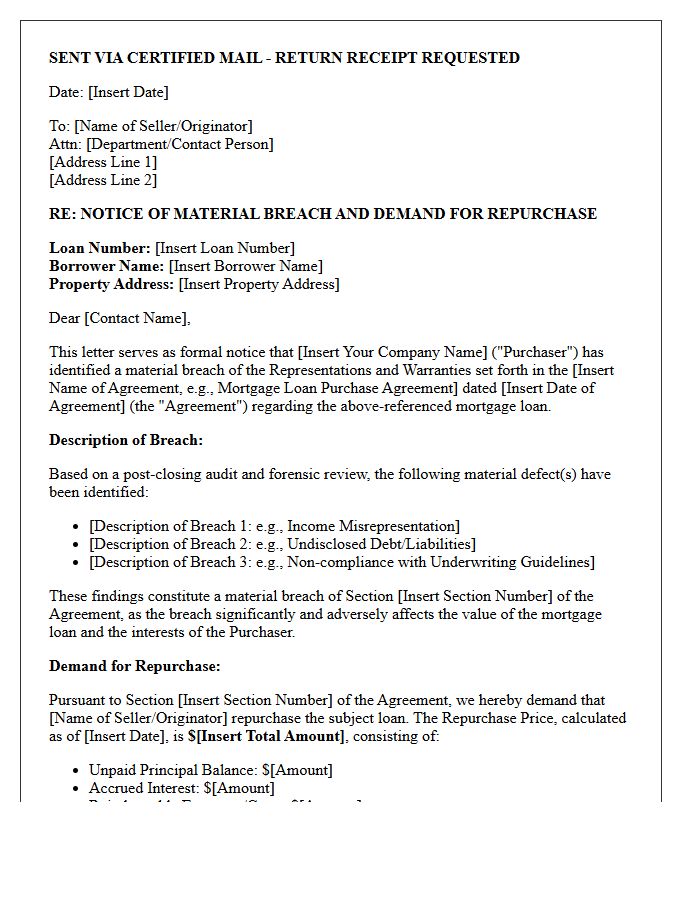 Material Breach Notice of Demand for Mortgage Loan Repurchase Letter