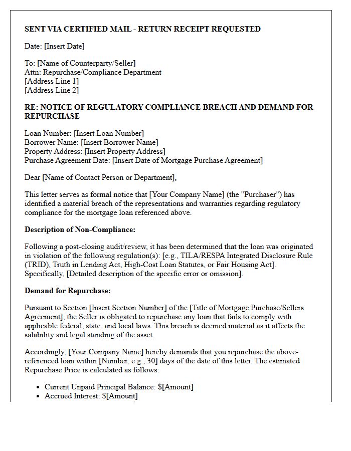 Regulatory Compliance Breach Mortgage Loan Repurchase Demand Letter