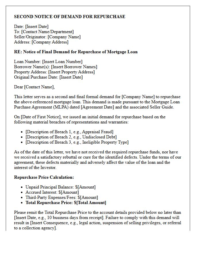 Second Notice of Demand for Repurchase of Mortgage Loan Letter