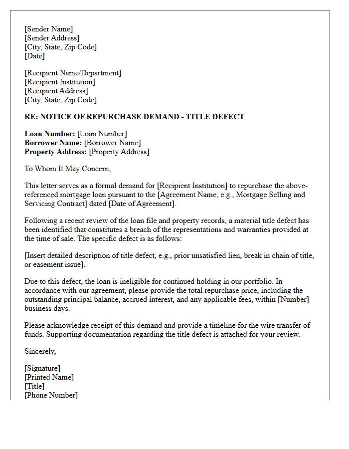 Title Defect Mortgage Loan Repurchase Demand Letter