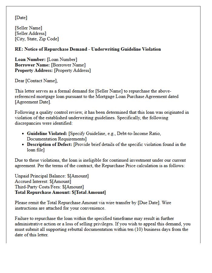 Underwriting Guideline Violation Mortgage Loan Repurchase Demand Letter