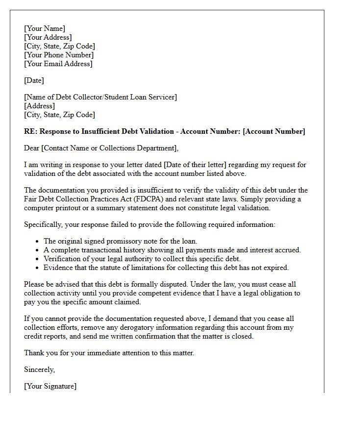 Insufficient Student Loan Debt Validation Response Letter