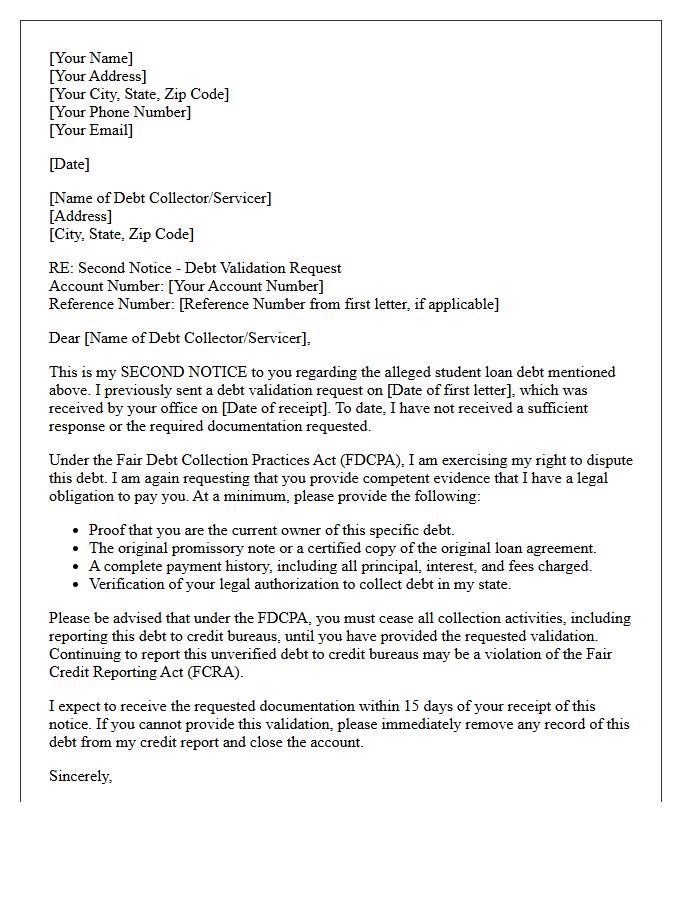 Second Notice Student Loan Debt Validation Letter