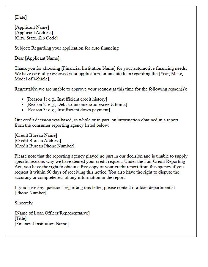 Auto Loan Financing Denial Letter