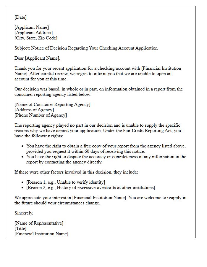 Checking Account Application Denial Letter