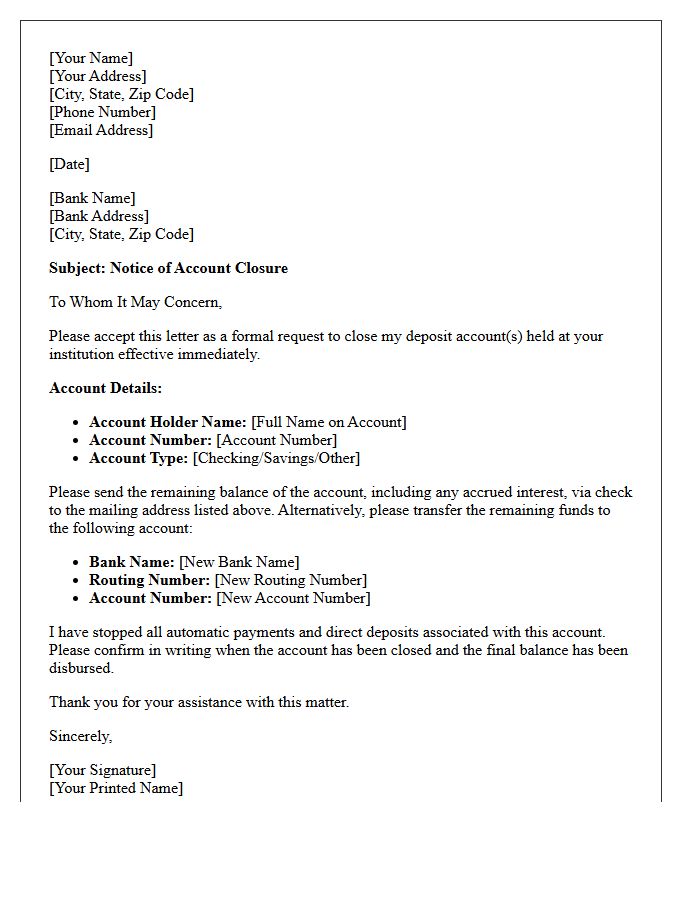 Deposit Account Closure Notice Letter