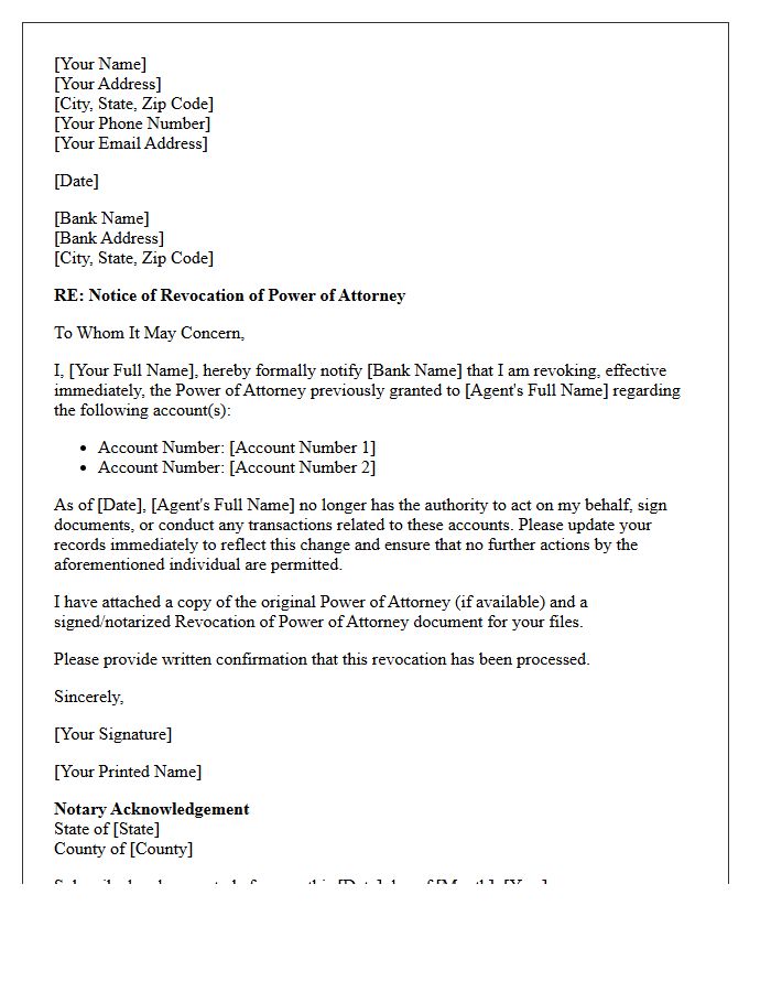 Bank Account Power of Attorney Revocation Letter