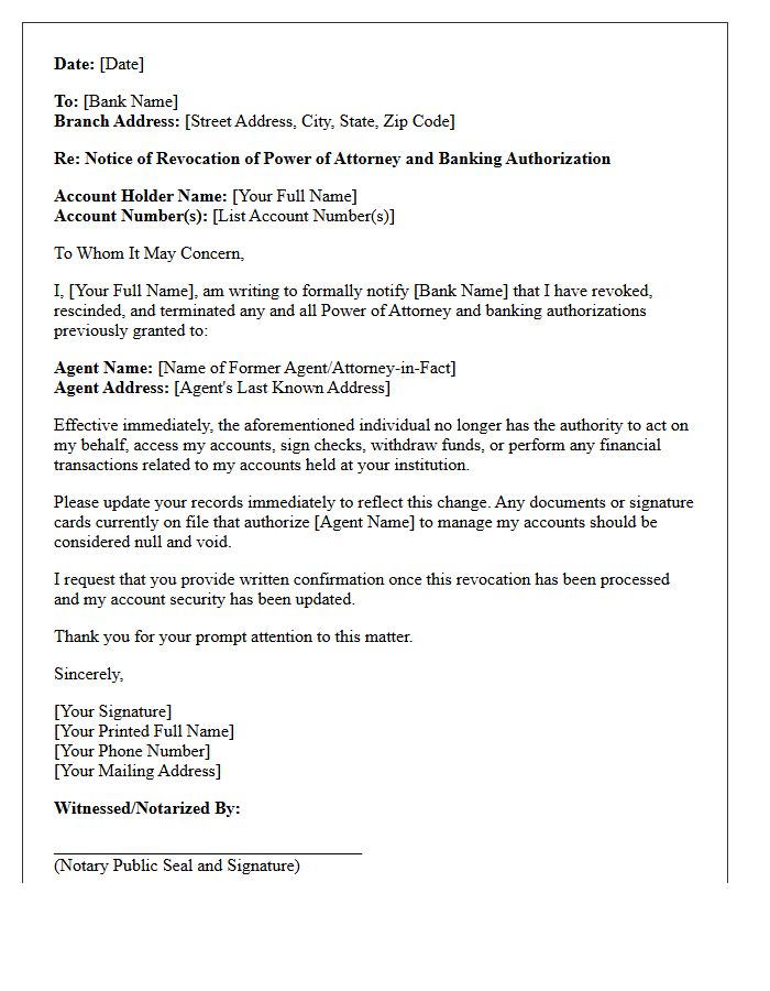Banking Authorization and Power of Attorney Revocation Letter
