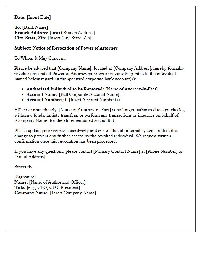 Corporate Bank Account Power of Attorney Revocation Letter