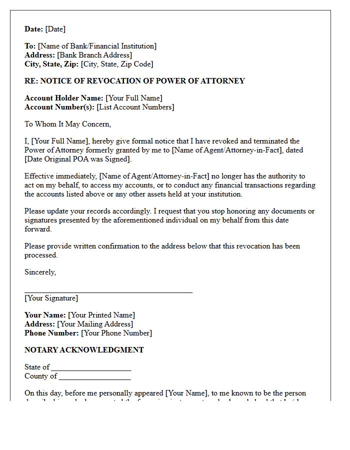 General Banking Power of Attorney Notice of Revocation Letter