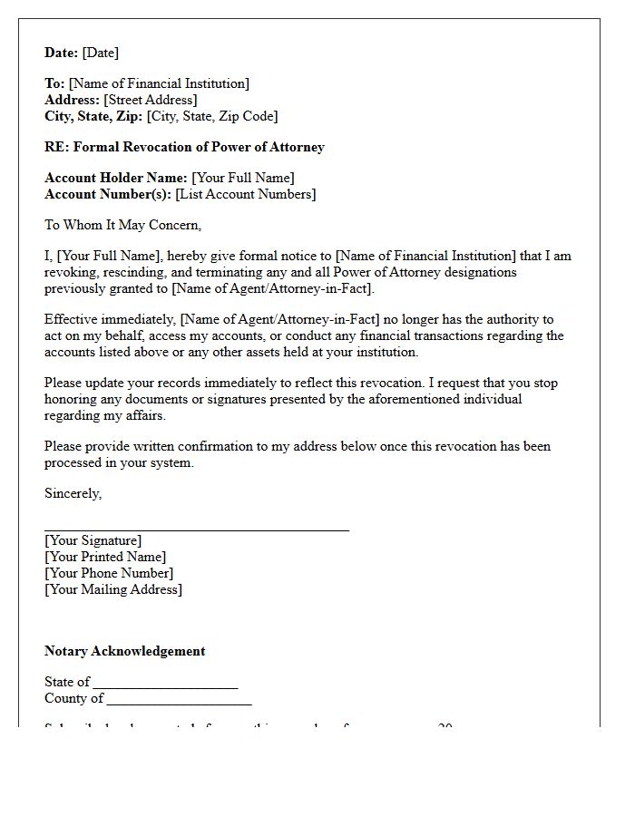 Letter of Notice to Revoke Financial Institution Power of Attorney