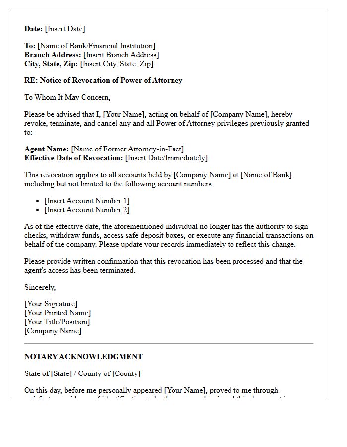 Letter of Revocation for Commercial Banking Power of Attorney