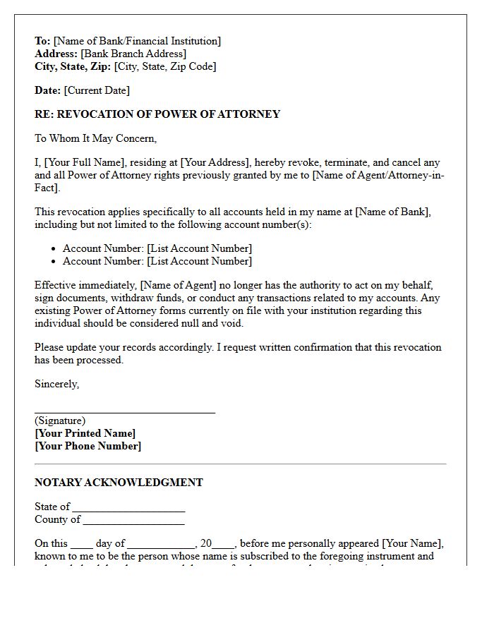 Letter of Revocation of Banking Power of Attorney