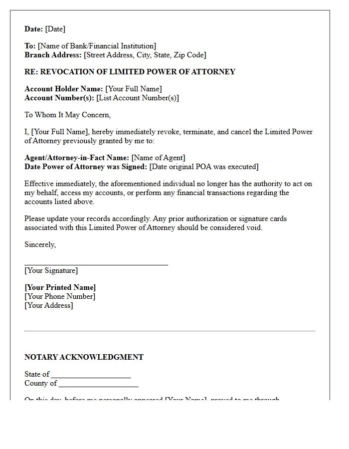 Letter of Revocation of Limited Banking Power of Attorney