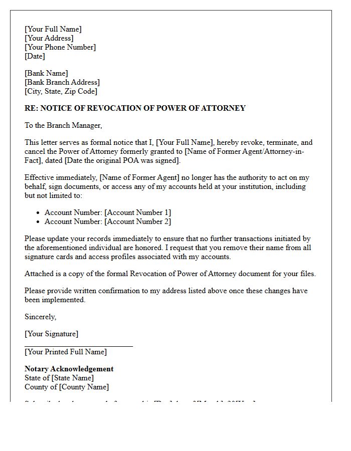 Notice of Revocation of Power of Attorney Letter for Bank Accounts