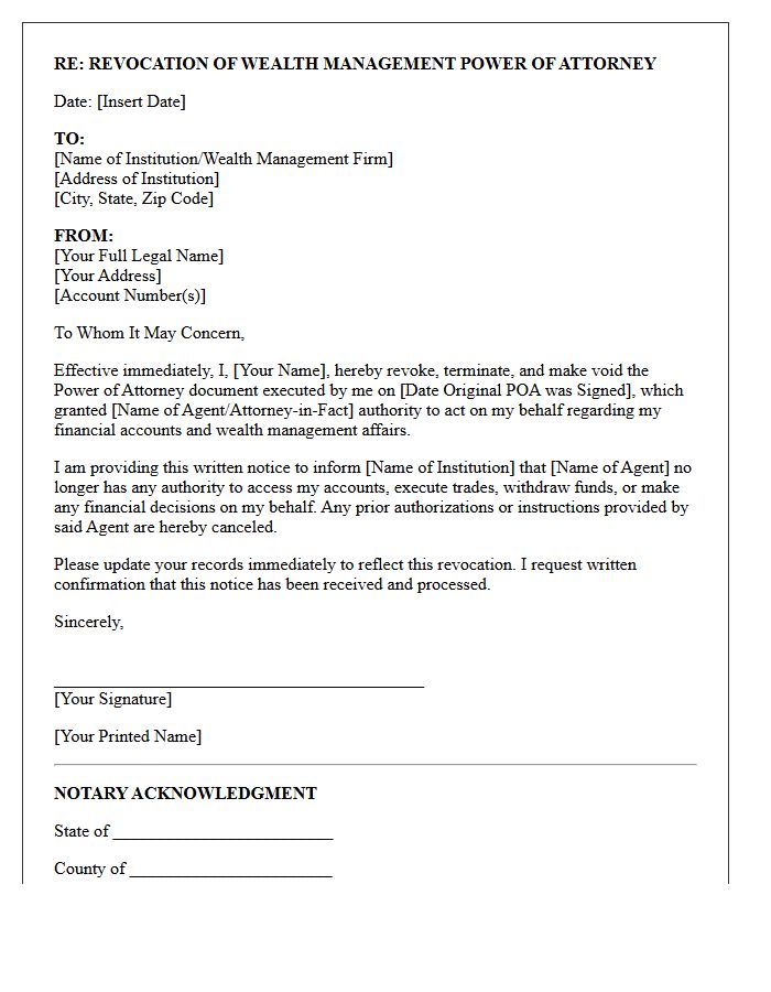 Wealth Management Power of Attorney Revocation Letter
