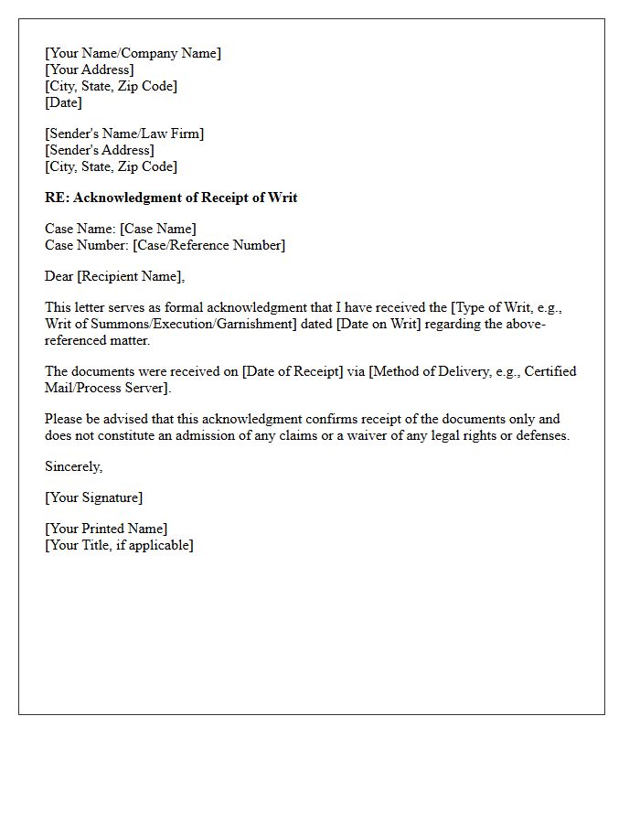 Acknowledgment of Receipt of Writ Letter