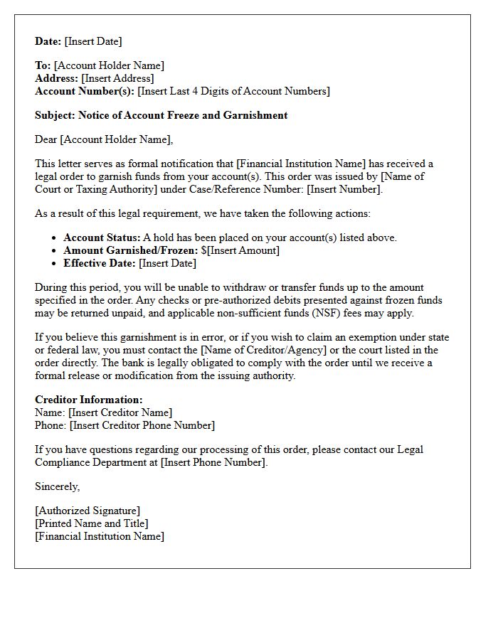 Confirmation Letter of Account Freeze and Garnishment