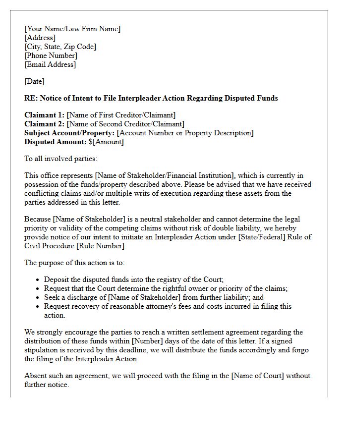 Interpleader Action Letter for Disputed Writ Claims