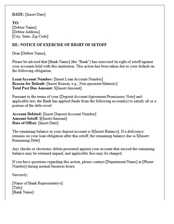 Letter Asserting Bank Right of Setoff Against Debtor