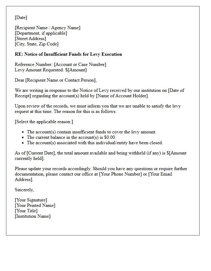 Letter of Notice Regarding Insufficient Funds for Levy