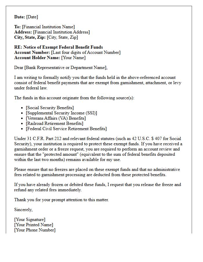 Notice Letter Regarding Exempt Federal Benefit Funds