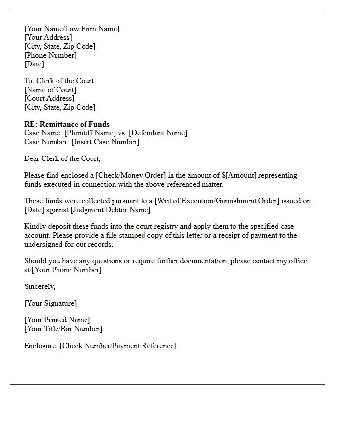 Remittance Letter Transferring Executed Funds to Court