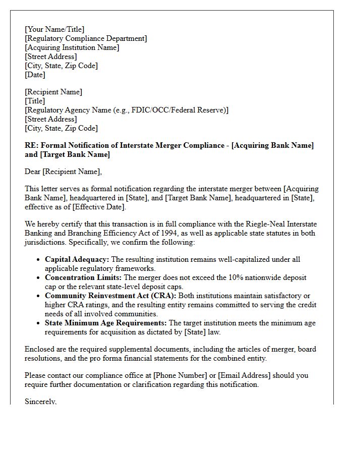 Formal Letter of Notification Regarding Interstate Bank Merger Compliance