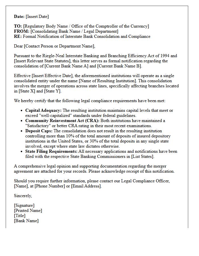 Interstate Bank Consolidation Legal Compliance Notification Letter