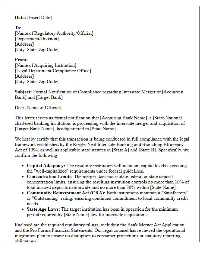 Interstate Banking Merger Legal Framework Compliance Notification Letter