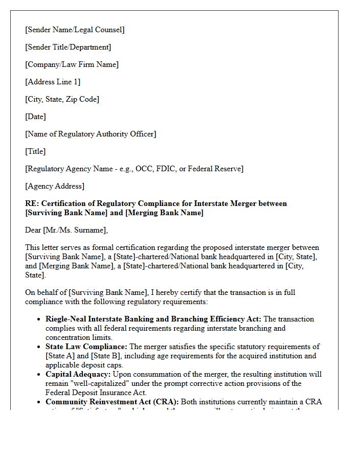 Letter of Certification for Interstate Bank Merger Regulatory Compliance