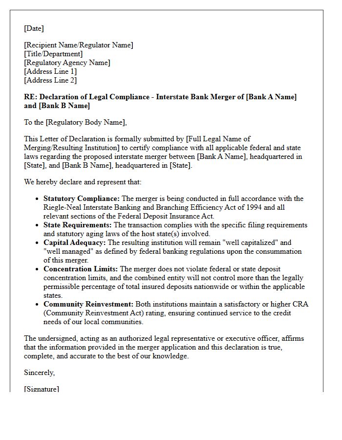 Letter of Declaration Regarding Interstate Bank Merger Legal Compliance