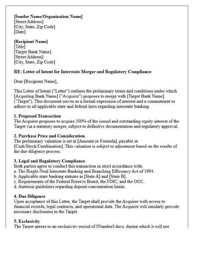 Letter of Intent and Legal Compliance for Interstate Banking Mergers