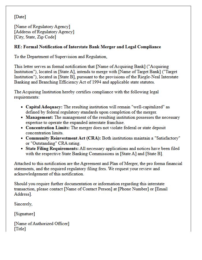 Letter of Notification for Interstate Bank Merger Legal Compliance