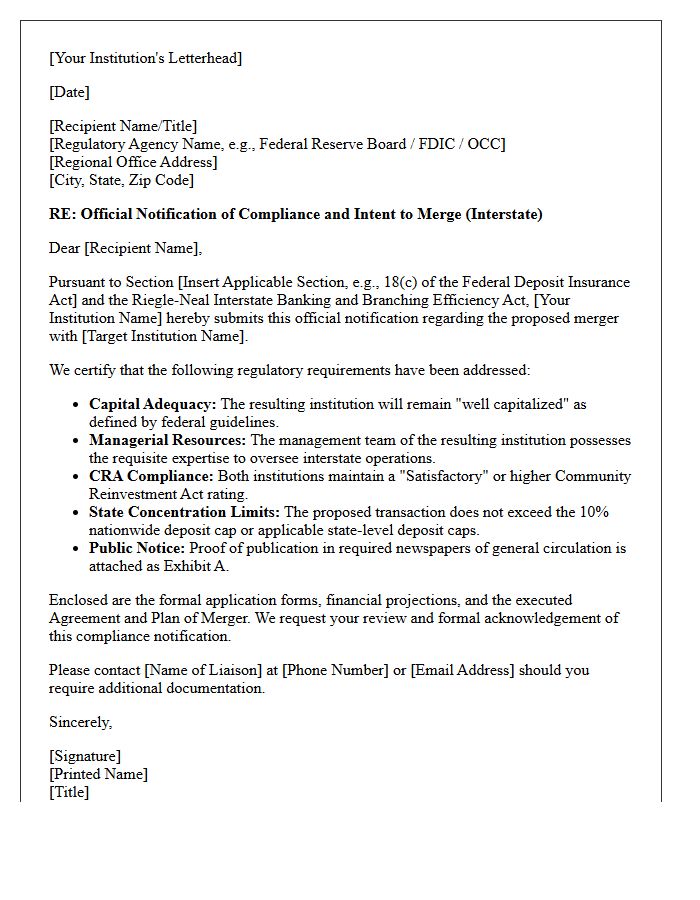 Official Letter of Compliance for Interstate Bank Merger Notification