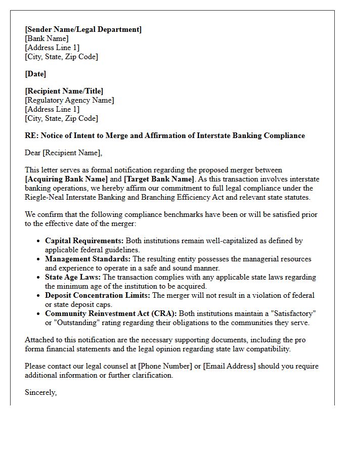 Pre-Merger Legal Compliance Notification Letter for Interstate Banking