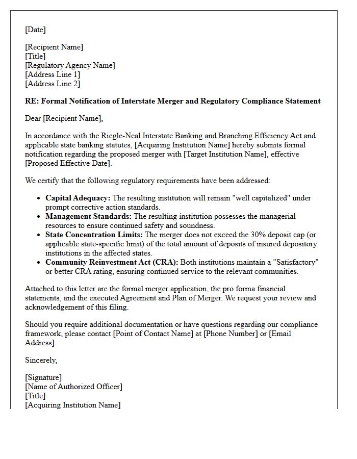 Regulatory Compliance Notification Letter for Interstate Bank Mergers