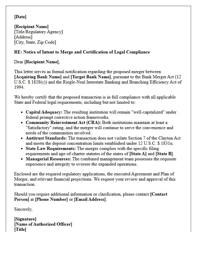 State and Federal Legal Compliance Letter for Interstate Bank Mergers