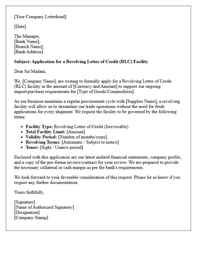 Application Letter for Revolving Letter of Credit Facility