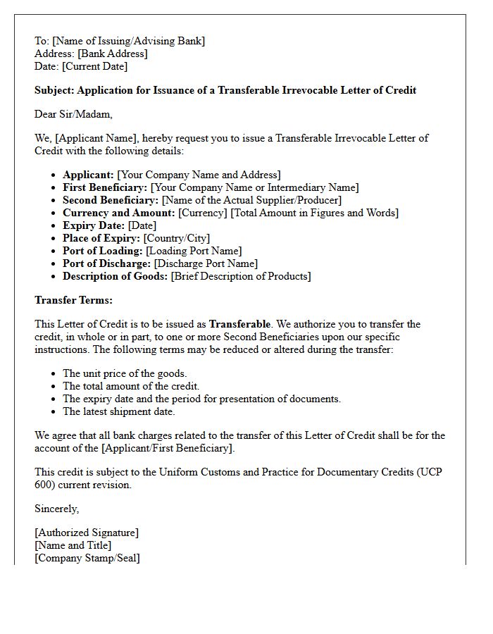 Application Letter for Transferable Letter of Credit