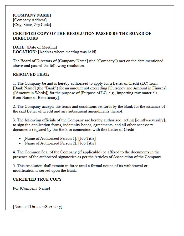 Board Resolution Letter for Letter of Credit Application