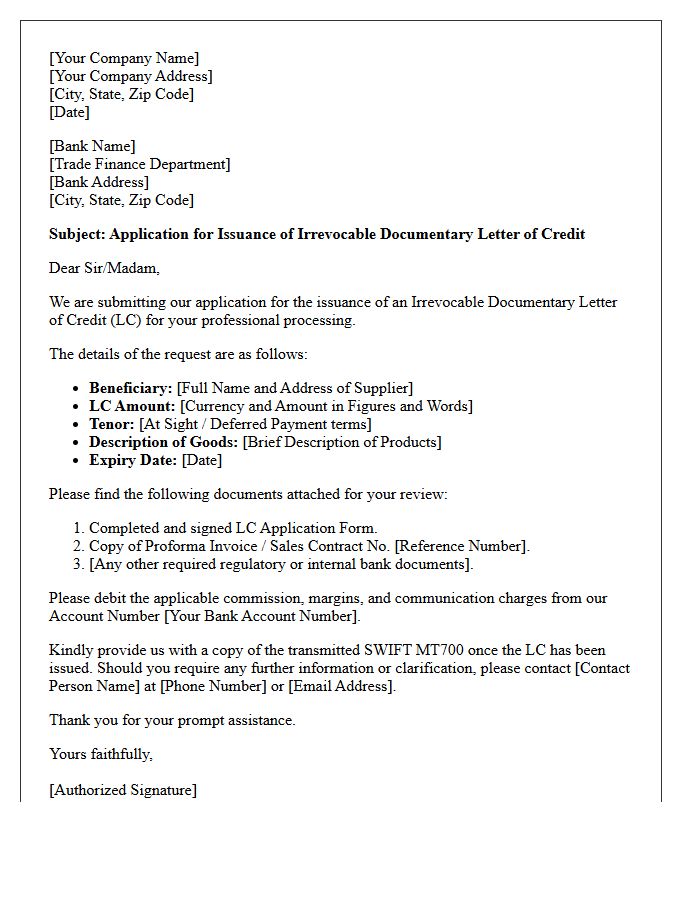 Cover Letter for Letter of Credit Application Submission