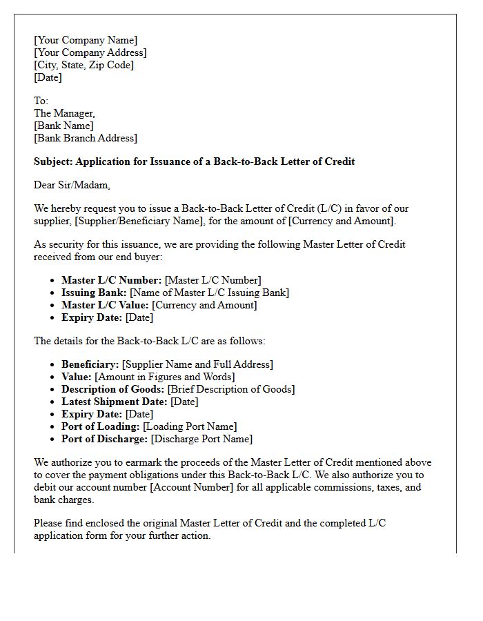 Letter of Application for Back-to-Back Letter of Credit