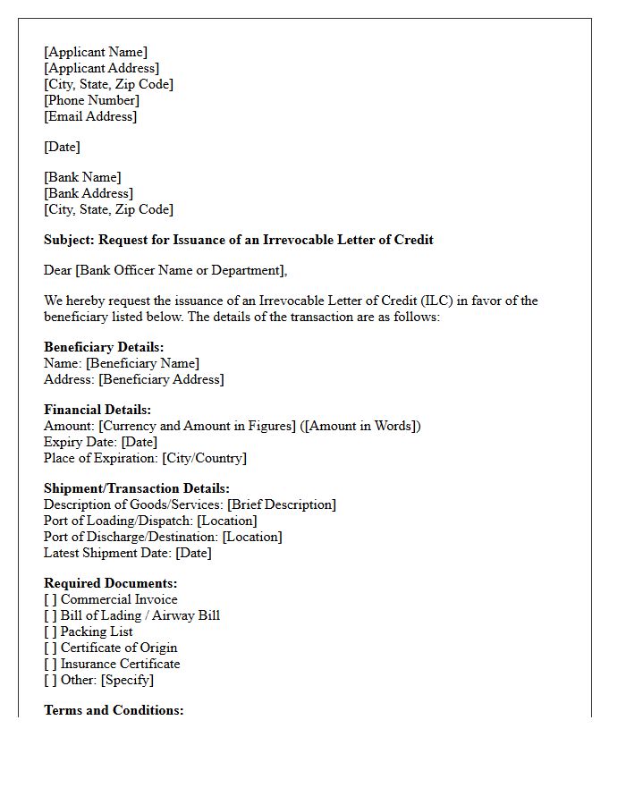 Letter of Request for Irrevocable Letter of Credit