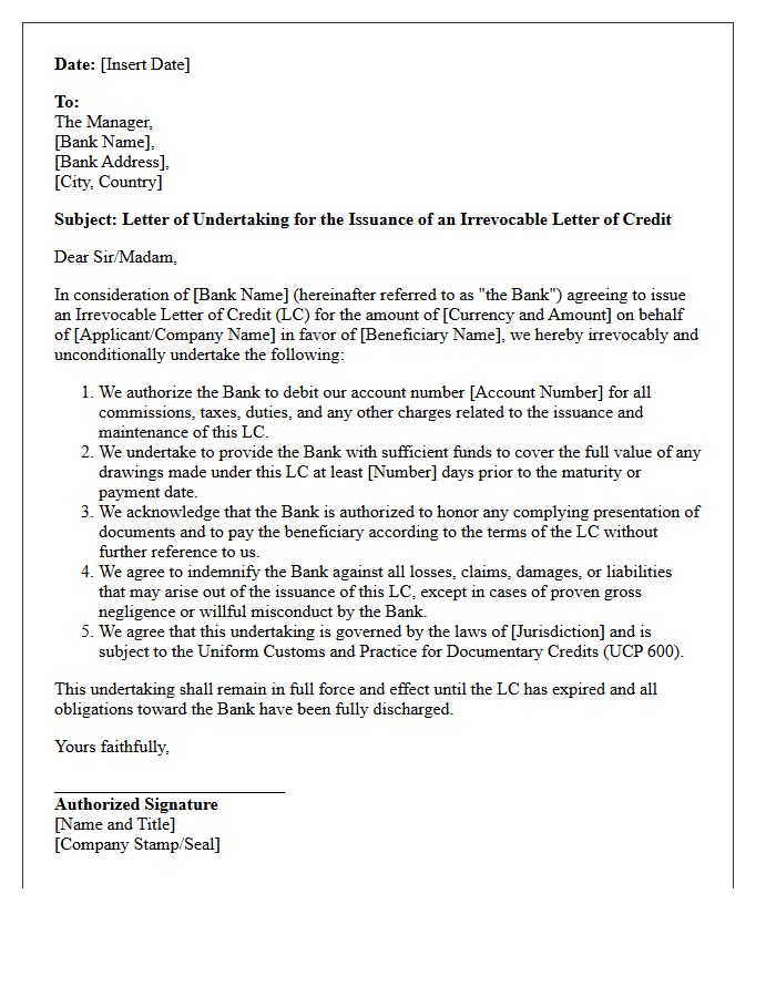 Letter of Undertaking for Letter of Credit Issuance