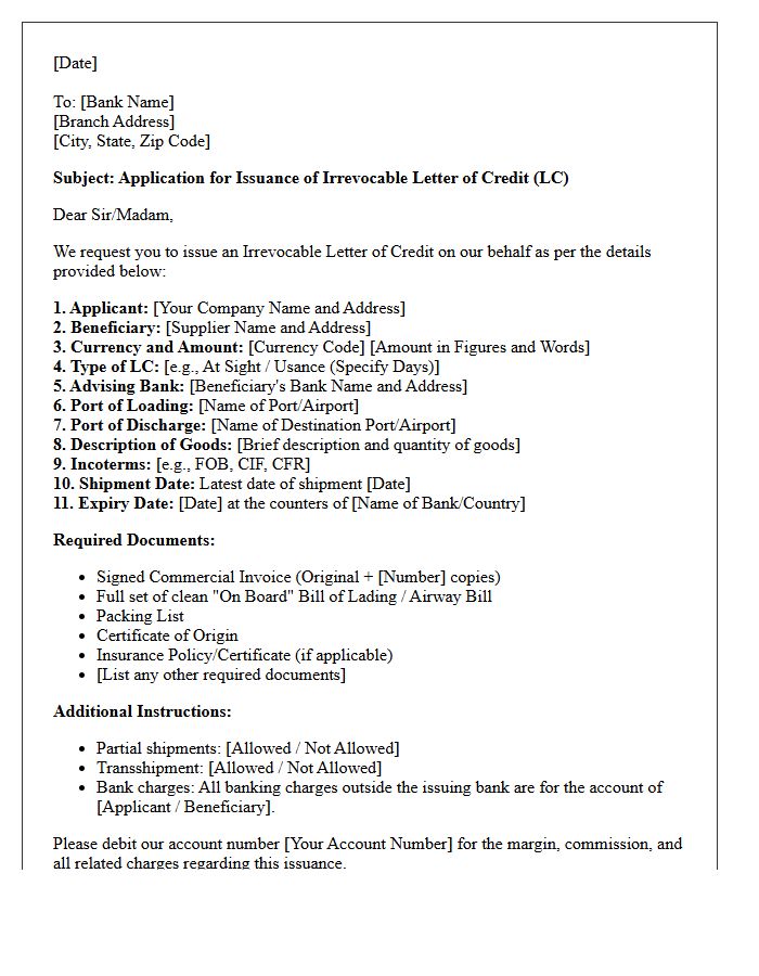 Standard Application Letter for Issuance of Letter of Credit