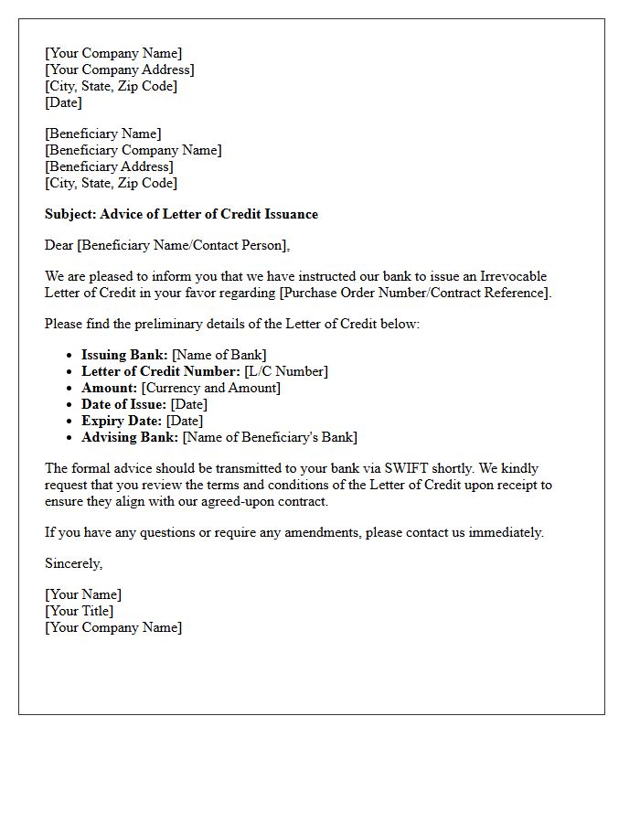 Applicant Advice of Letter of Credit Issuance Letter