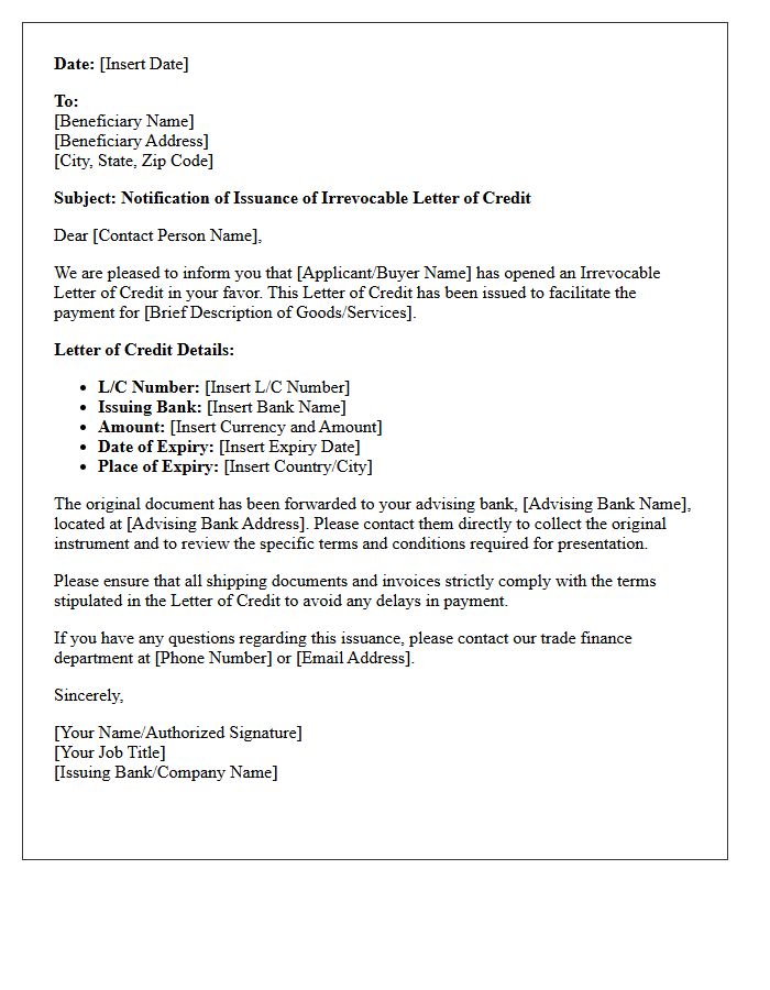 Beneficiary Notification of Letter of Credit Issuance Letter