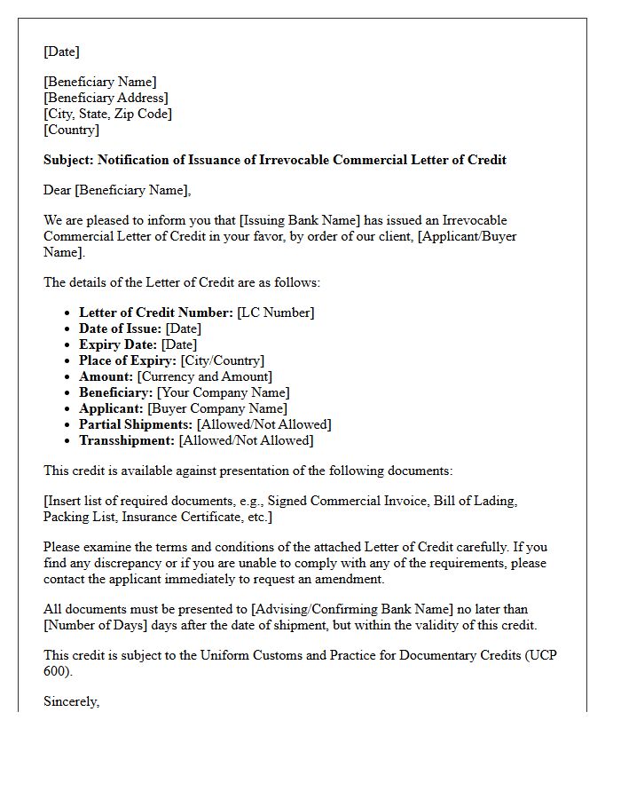 Commercial Letter of Credit Issuance Notification Letter